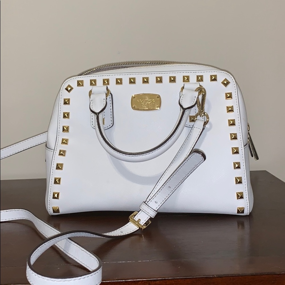 white, gold studded MK purse
